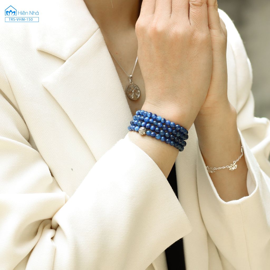 Vòng handmade đá Kyanite 4li cuốn 3 mix đá Moonstone charm bạc cầu Om Mani Padme Hum (TRS VHM 150)