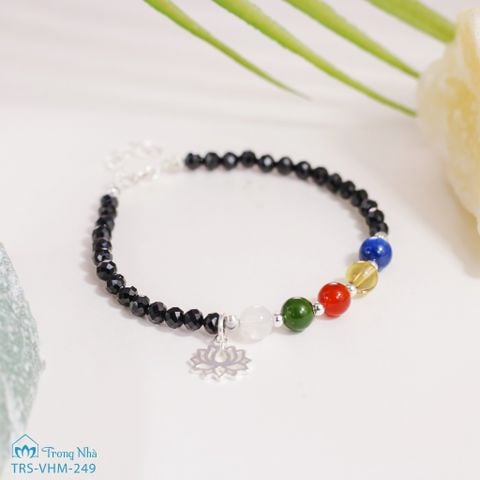 Vòng handmade Ngũ Trí Phật đá 6li mix đá đen cắt giác và charm bạc hoa sen (TRS VHM 249)