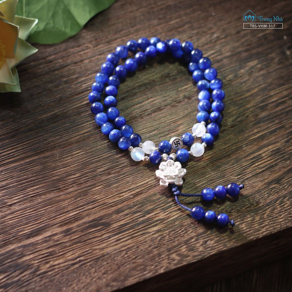Vòng Kyanite 5 li cuốn đôi mix Moonstone charm hoa sen (TRS VHM 317)