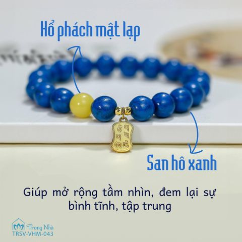 Vòng handmade đá san hô xanh kết hợp charm khắc Om mani padme hum (TRSV VHM 043)