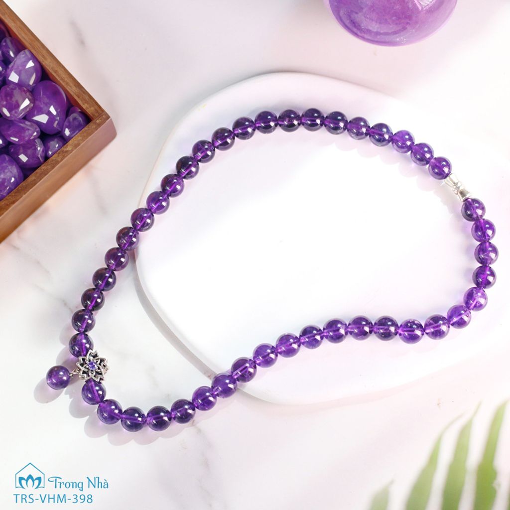 Vòng cổ thạch anh tím 8 li mix sen bạc