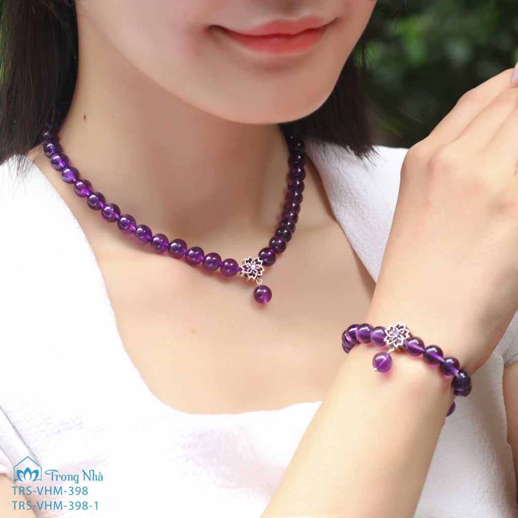 Vòng cổ thạch anh tím 8 li mix sen bạc