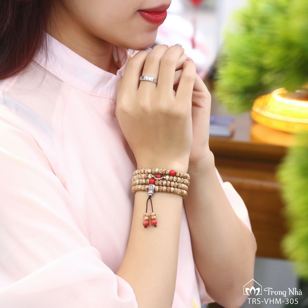 Minh nguyệt bảo châu - Vòng bồ đề tinh nguyệt mix san hô đỏ (VHM 305)