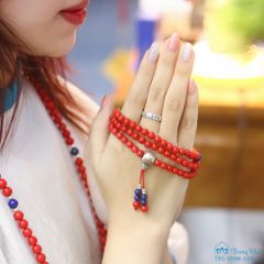 Tràng hạt san hô mix đá lapis và charm chủng tự A Di Đà