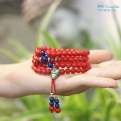 Tràng hạt san hô mix đá lapis và charm chủng tự A Di Đà