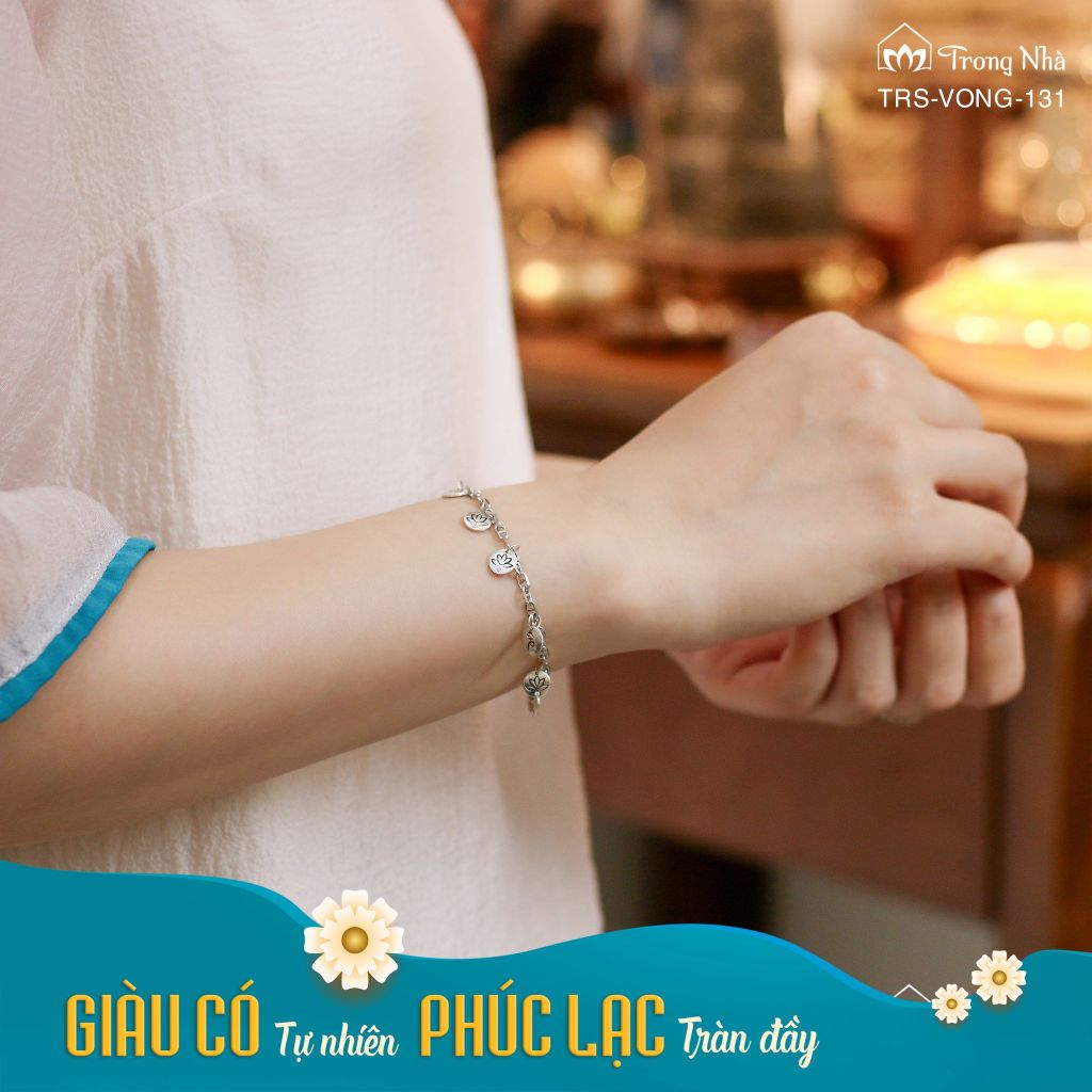 Lắc bạc 7 bước hoa sen khắc chú Om Mani Padme Hum đính đá  (TRS VONG 131 )