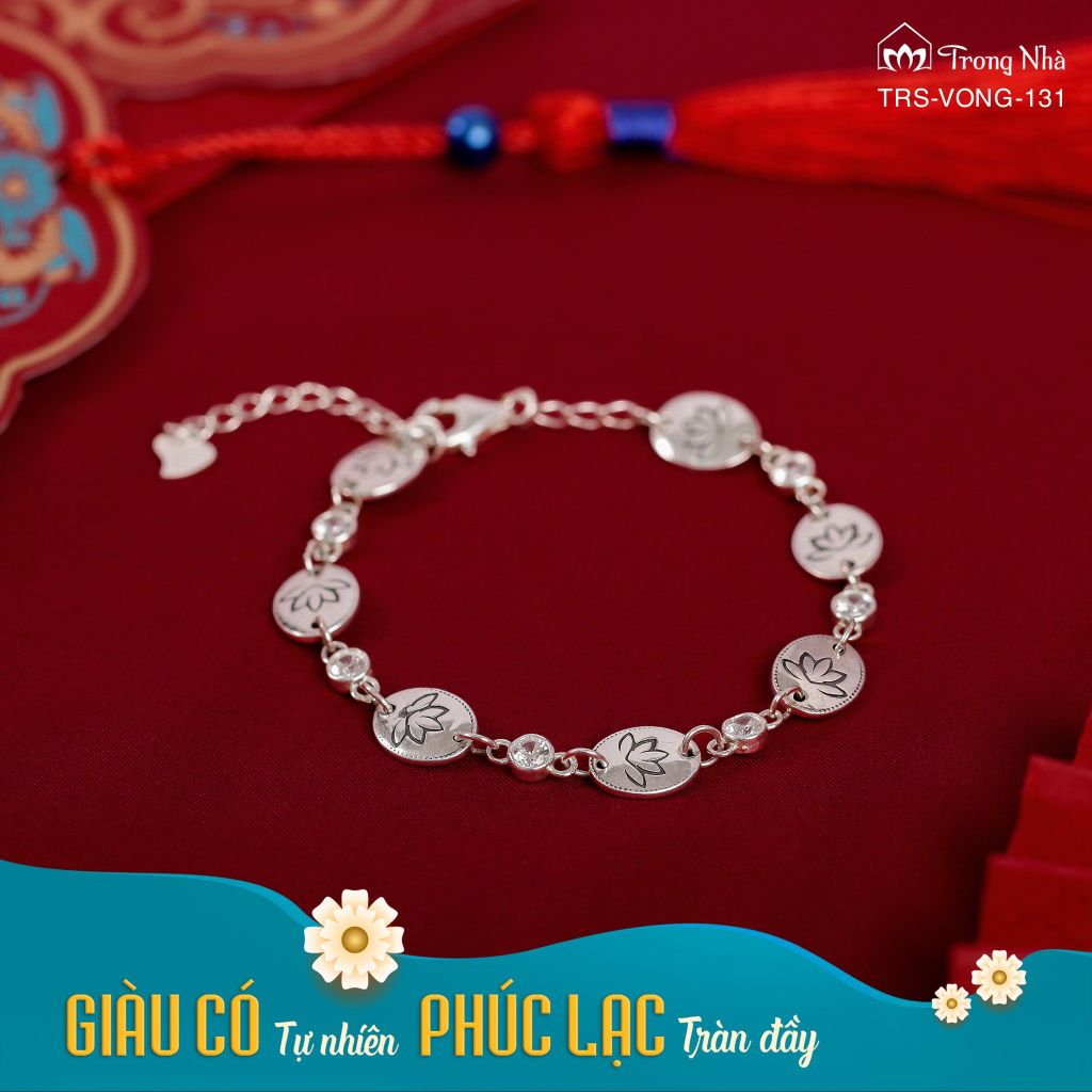 Lắc bạc 7 bước hoa sen khắc chú Om Mani Padme Hum đính đá  (TRS VONG 131 )