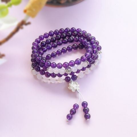 Chuỗi vòng 108 hạt Thạch Anh Tím mix Moonstone charm Hoa Sen bình an (TRS VHM 276)