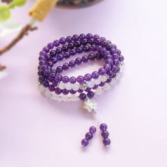 Chuỗi vòng 108 hạt Thạch Anh Tím mix Moonstone charm Hoa Sen bình an (TRS VHM 276)