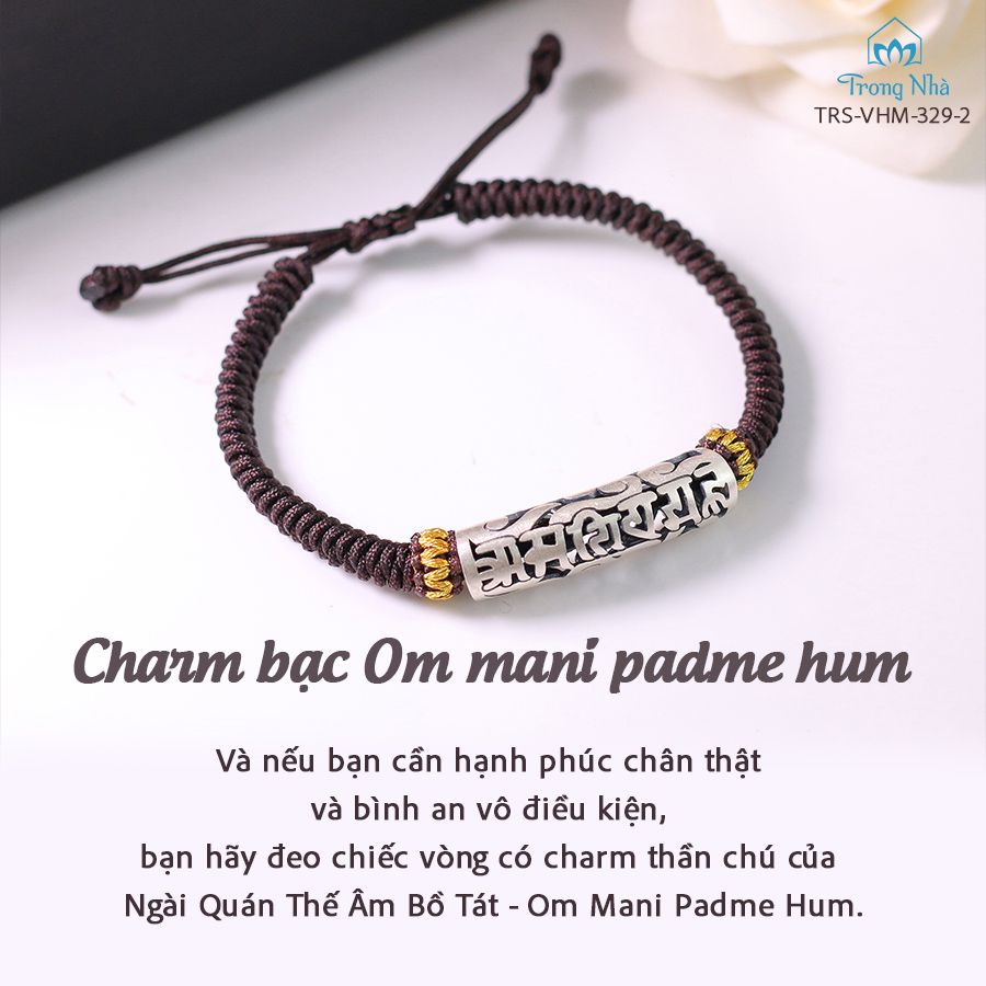 Vòng tết dây nâu charm ống bạc khắc chú Om Mani Padme Hum (TRS VHM 329 2)