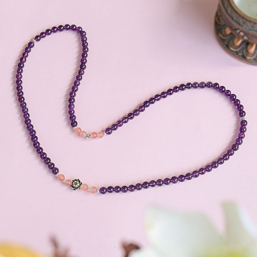 Vòng cuốn 4 Thạch Anh Tím 6 li mix Thạch Anh Hồng charm Hoa Sen (TRS VHM 277)