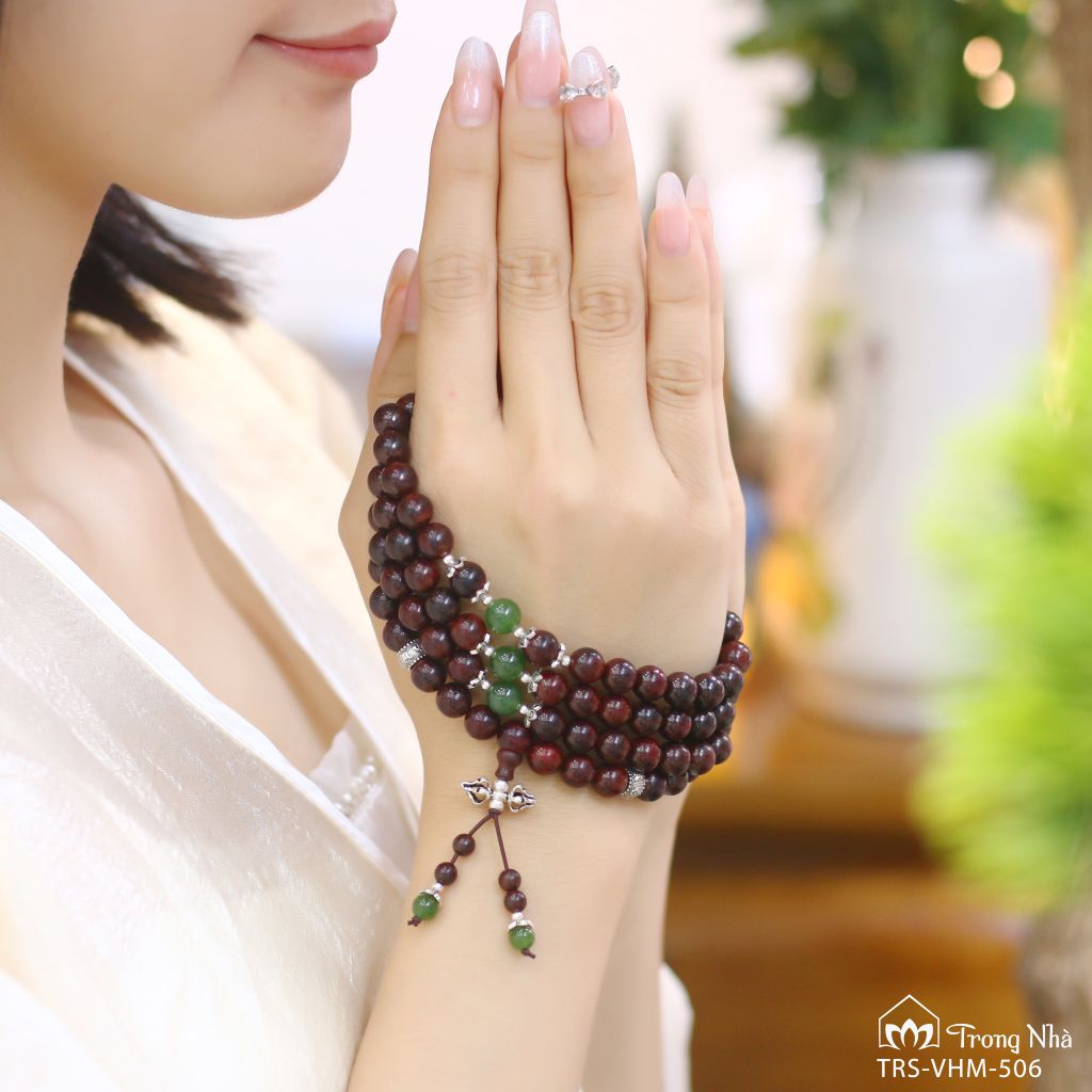 Tràng hạt niệm Phật Vương Mộc Tử Đàn, Tràng hạt tử đàn mix ngọc bích, charm om mani padme hum ( VHM 506 )