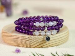 Vòng cuốn 4 Thạch Anh Tím 6 li mix Thạch Anh Hồng charm Hoa Sen (TRS VHM 277)