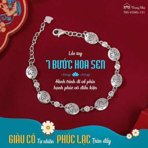Lắc bạc 7 bước hoa sen khắc chú Om Mani Padme Hum đính đá  (TRS VONG 131 )