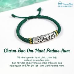 Vòng tết dây xanh lá cây charm ống bạc khắc chú Om mani peme hum