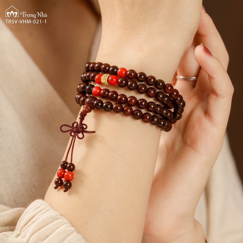 Vòng tay Vương Mộc Đại An - Tràng hạt tử đàn mix charm chủng tự Om / Om Mani