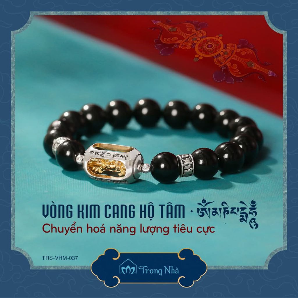 Vòng Kim cang hộ tâm - tourmaline đen mix chày kim cang khắc Om mani padme hum ( TRS VHM 037 )