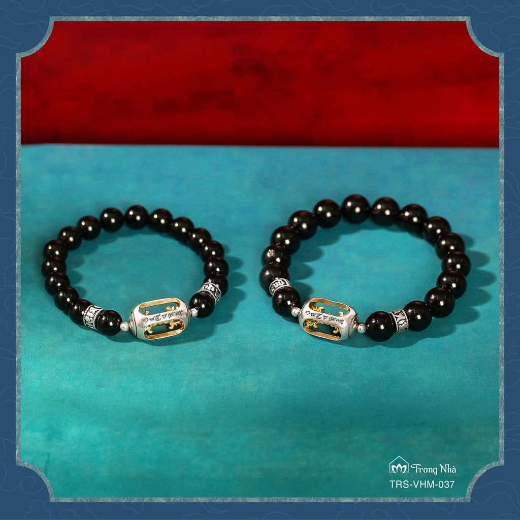 Vòng Kim cang hộ tâm - tourmaline đen mix chày kim cang khắc Om mani padme hum ( TRS VHM 037 )
