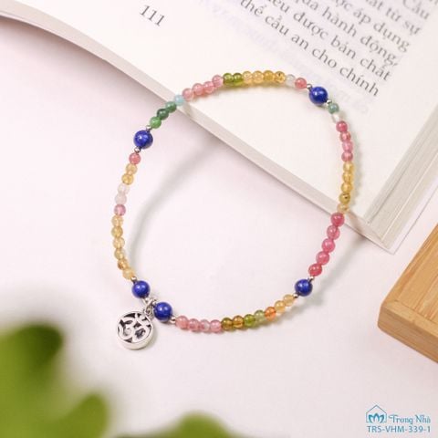 Lắc chân đá Tourmaline 4 li mix đá Lapis charm Om bạc (TRS VHM 339 1)