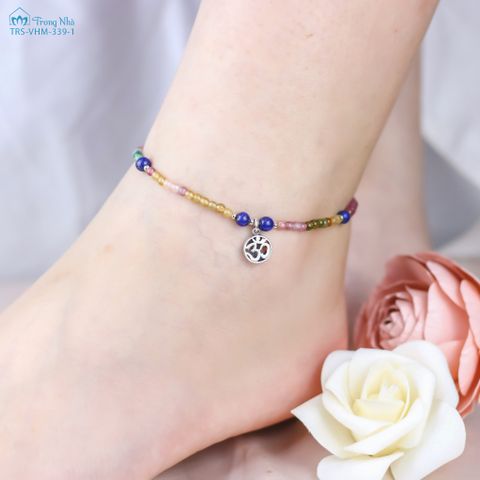 Lắc chân đá Tourmaline 4 li mix đá Lapis charm Om bạc (TRS VHM 339 1)