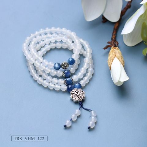 Tràng hạt 108 hạt Mã Não Trắng 6 li mix charm Bát Bảo và đá Kyanite (TRS VHM 122)