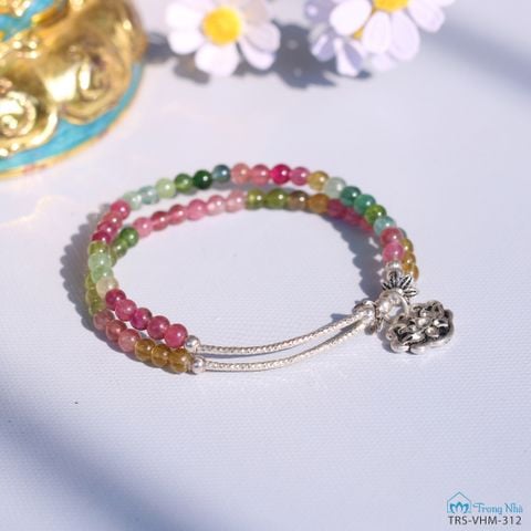 Vòng đá Tourmaline 4 li cuốn đôi mix charm ống bạc hoa sen (TRS VHM 312)