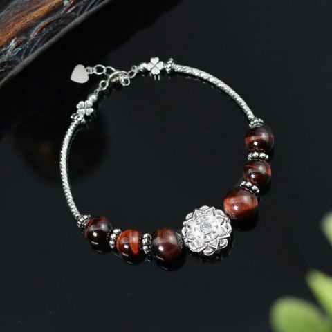 Vòng đá Mắt Hổ Nâu Đỏ 8 li mix charm Mandala bạc đính đá (TRS VHM 291 1)