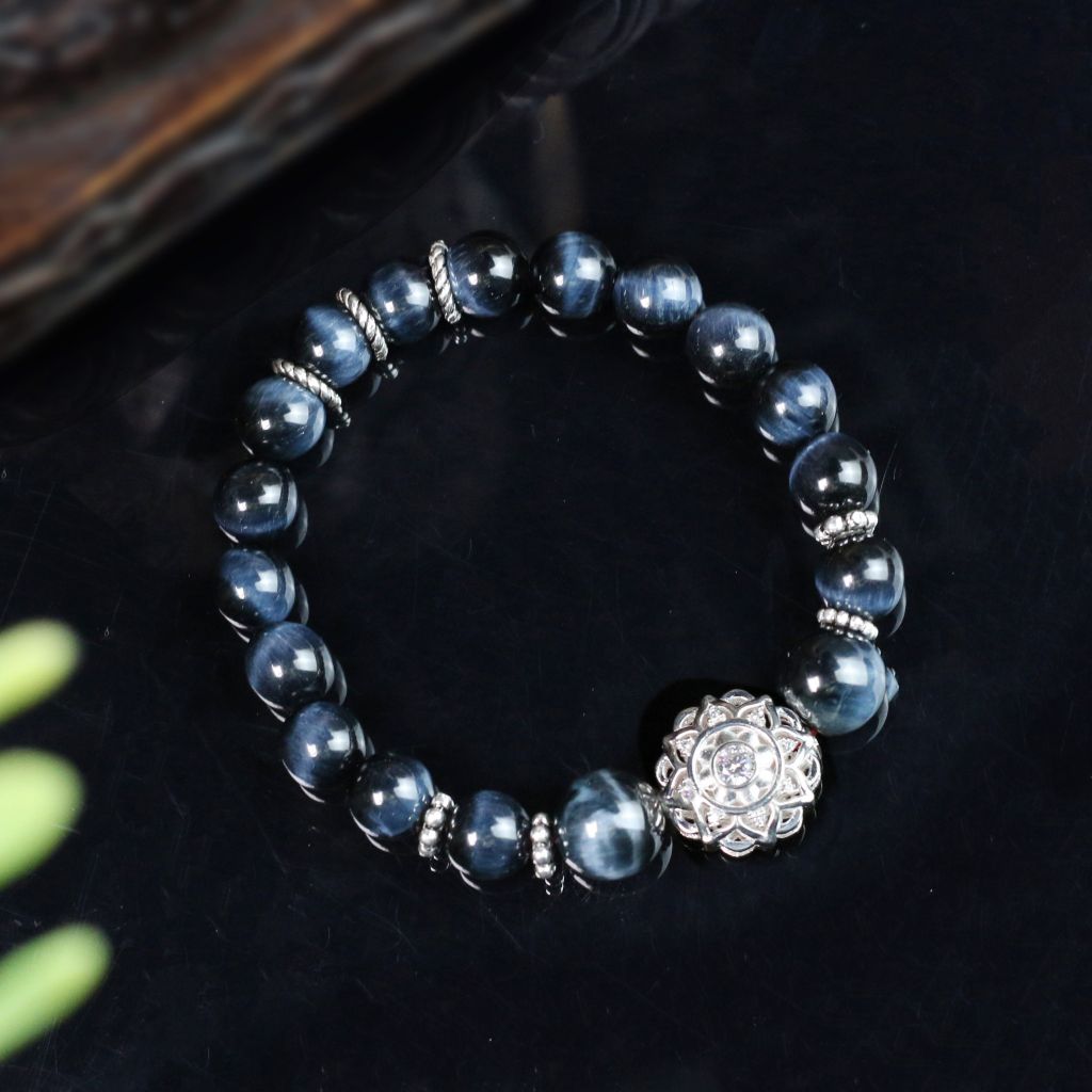 Vòng đá Mắt Hổ Xanh 8li mix charm bạc Mandala đính đá (TRS VHM 290)