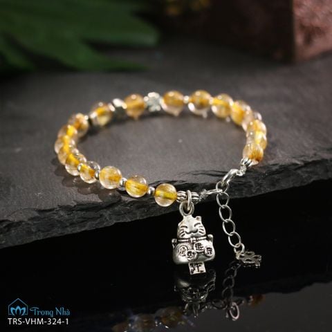 Vòng handmade đá Thạch Anh Tóc Vàng 5li mix charm bạc Mèo Thần Tài (TRS VHM 324 1)