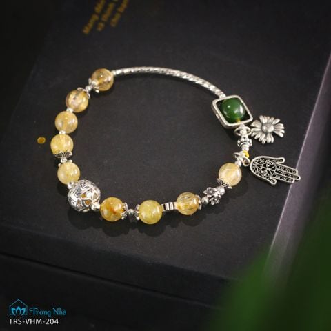 Vòng handmade Thạch Anh Tóc Vàng 7li mix charm Zambala tròn đính đá (TRS VHM 204)