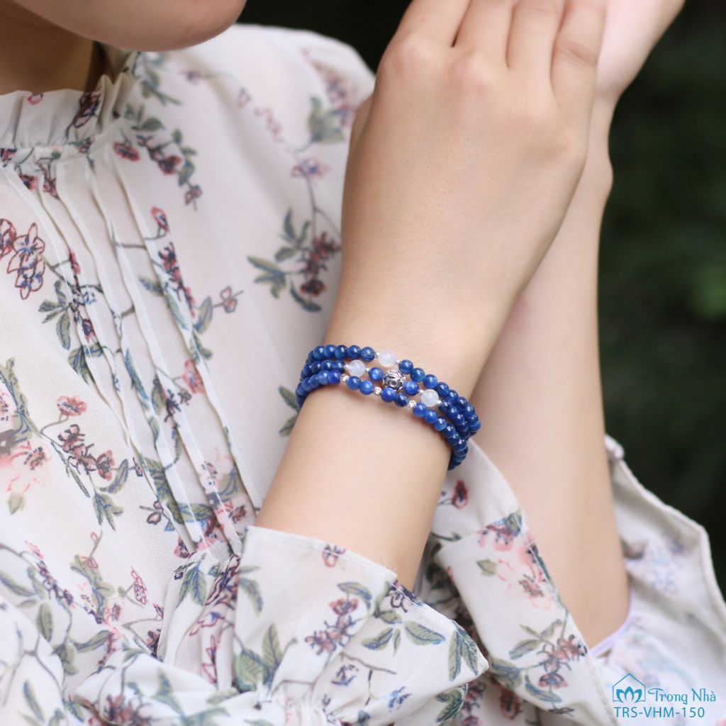 Vòng handmade đá Kyanite 4li cuốn 3 mix đá Moonstone charm bạc cầu Om Mani Padme Hum (TRS VHM 150)