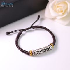 Vòng tết dây nâu charm ống bạc khắc chú Om Mani Padme Hum (TRS VHM 329 2)