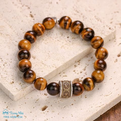 Vòng mắt hổ vàng nâu charm khắc chú Om mani  padme hum xoay (TRS VHM 234)