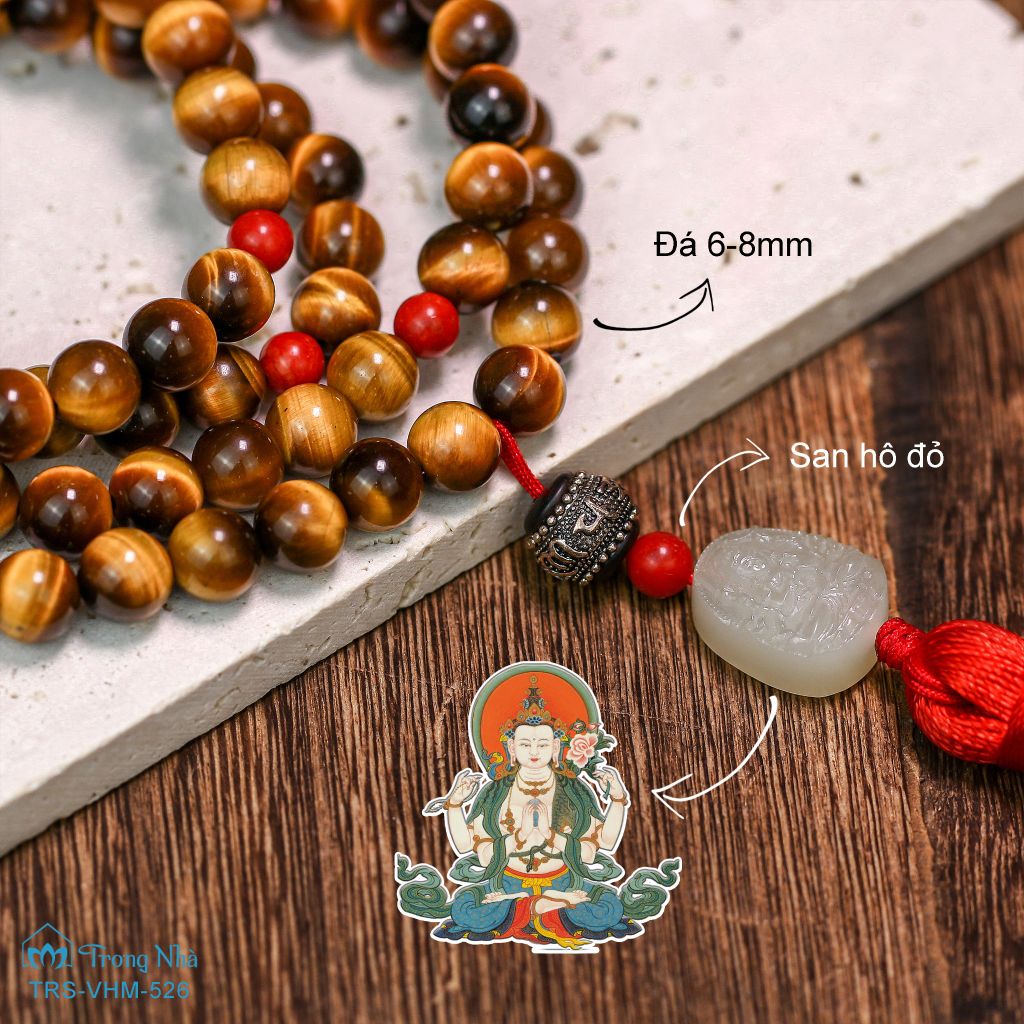 Tràng hạt mắt hổ vàng nâu mix ngọc hòa điền khắc Quan âm tứ thủ (TRS VHM 526)