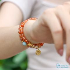 Vòng tay đá Mặt Trời chủng tự Om, Vòng handmade sunstone cuốn đôi mix charm Om vàng ( TRSV VHM 046 )
