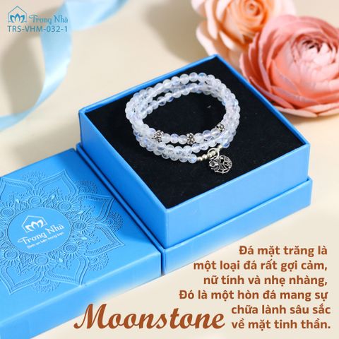 Vòng đá Moonstone 4li cuốn 3 mix charm bạc Hoa sen (TRS VHM 032 1)