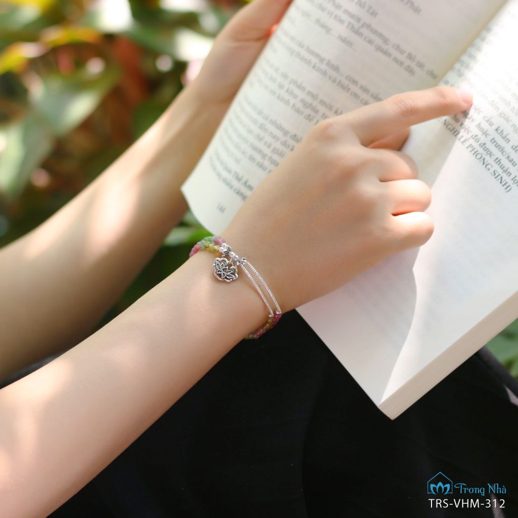 Vòng đá Tourmaline 4 li cuốn đôi mix charm ống bạc hoa sen (TRS VHM 312)