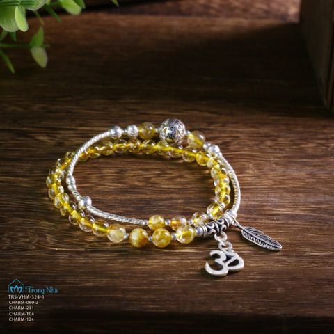 Vòng Thạch Anh Tóc Vàng 5 li cuốn đôi mix charm Zambala chữ OM treo (TRS VHM 324 3)