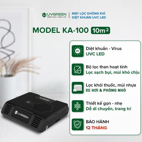 Máy Lọc Không Khí Diệt Khuẩn Khử Mùi Ô Tô UVGREEN KA100 - dành cho Ô Tô 4-7 chỗ và phòng nhỏ 5-10 m2