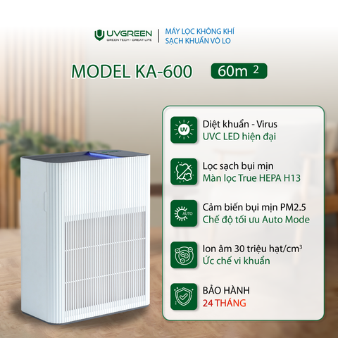 Máy lọc không khí diệt khuẩn UVGREEN KA600, 40-60m2 dành cho Phòng Khách / Văn Phòng / Phòng Làm Việc