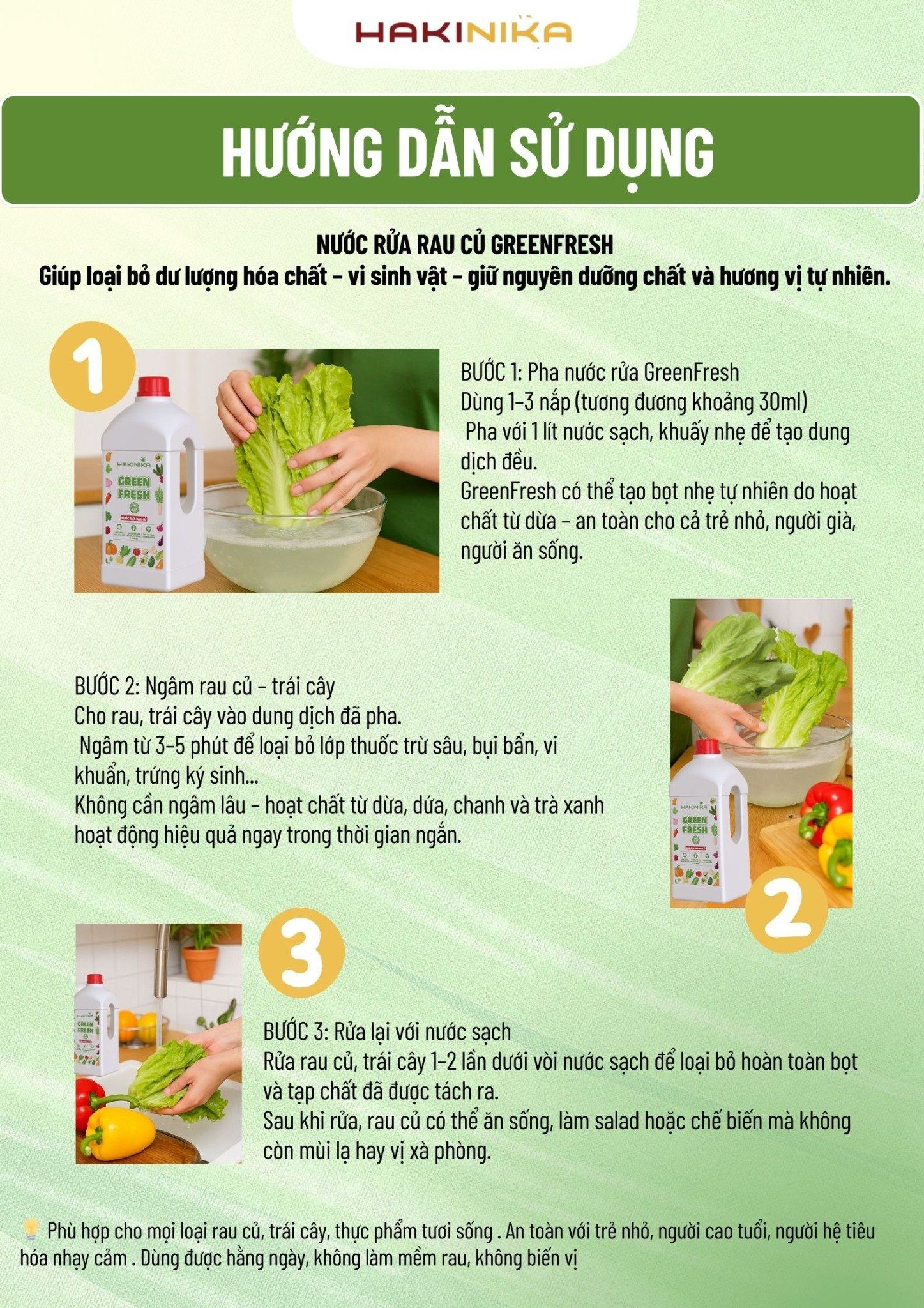  1 THÙNG 20 CHAI - Nước Rửa Rau Củ, Nước Ngâm Rau, Nước Rửa Thực Phẩm GreenFresh Hakinika 1000ml – Loại dư lượng hóa chất, ấu trùng 