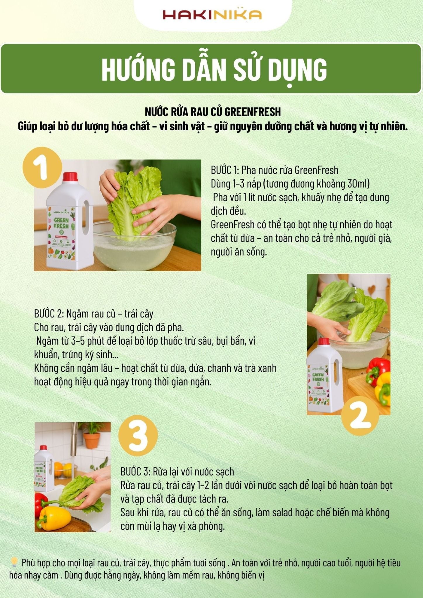  Combo 3 Nước Rửa Rau Củ, Nước Ngâm Rau, Nước Rửa Thực Phẩm GreenFresh Hakinika 1000ml – Loại dư lượng hóa chất, ấu trùng 