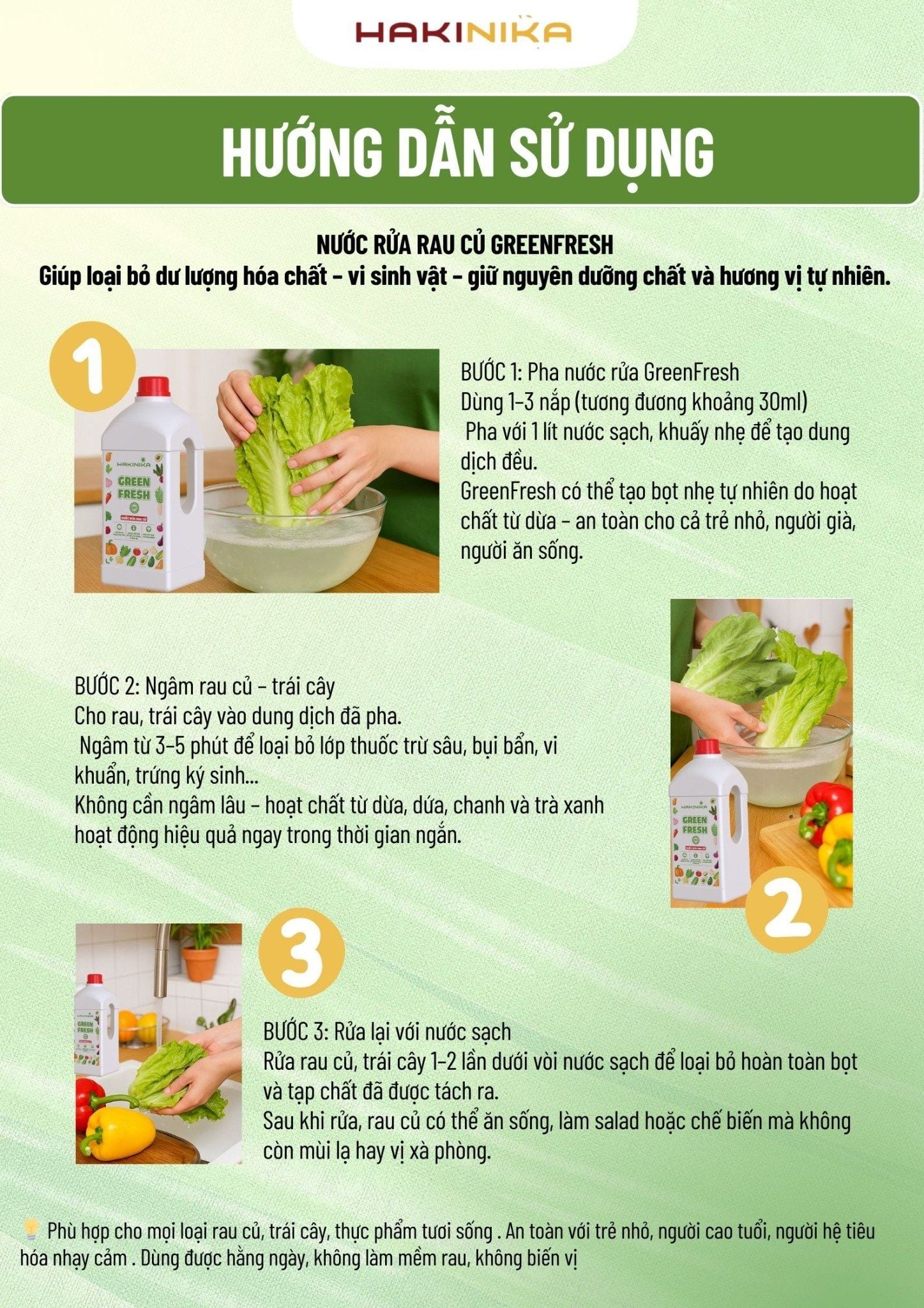  Combo 2 Nước Rửa Rau Củ, Nước Ngâm Rau, Nước Rửa Thực Phẩm GreenFresh Hakinika 1000ml – Loại dư lượng hóa chất, ấu trùng 