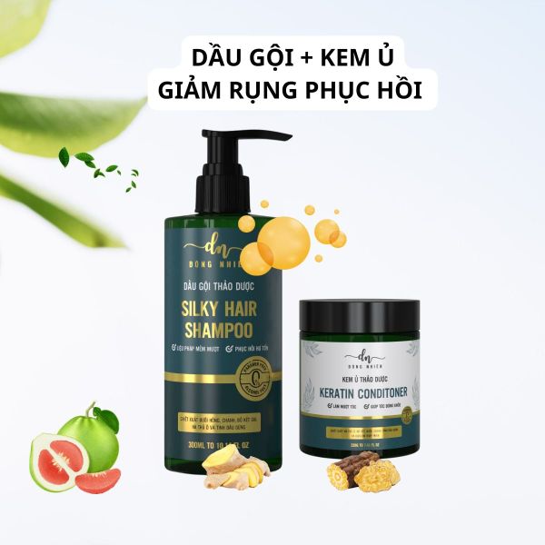  Chăm sóc tóc gãy rụng - Dầu gội giảm gãy rụng + kem ủ phục hồi keratin Dongnhien 