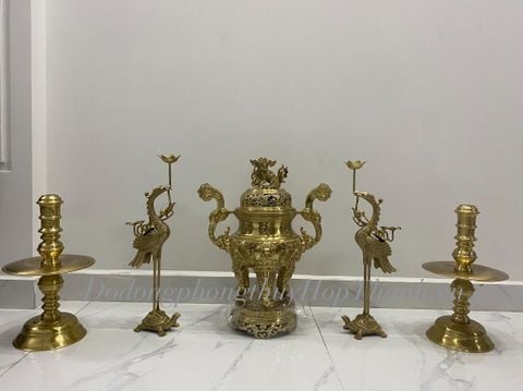  Bộ đỉnh ngũ sự rồng màu vàng mộc - Kích thước 50 cm 