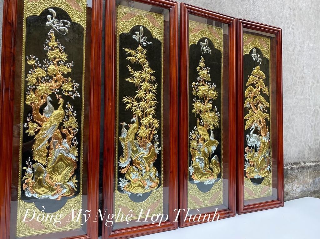 Tranh tứ quý dát vàng bạc - Kích thước 88cm x 28cm