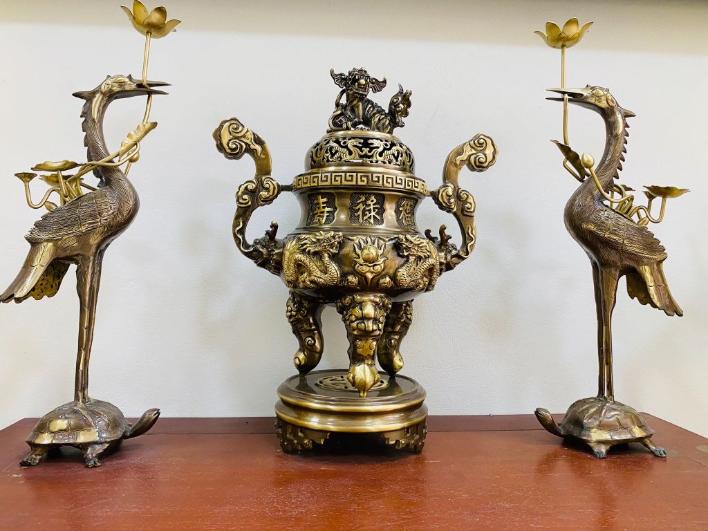 Bộ đỉnh tam sự Long Phụng màu giả cổ - Kích thước 60 cm