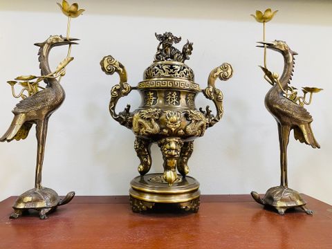  Bộ đỉnh tam sự Long Phụng màu giả cổ - Kích thước 60 cm 