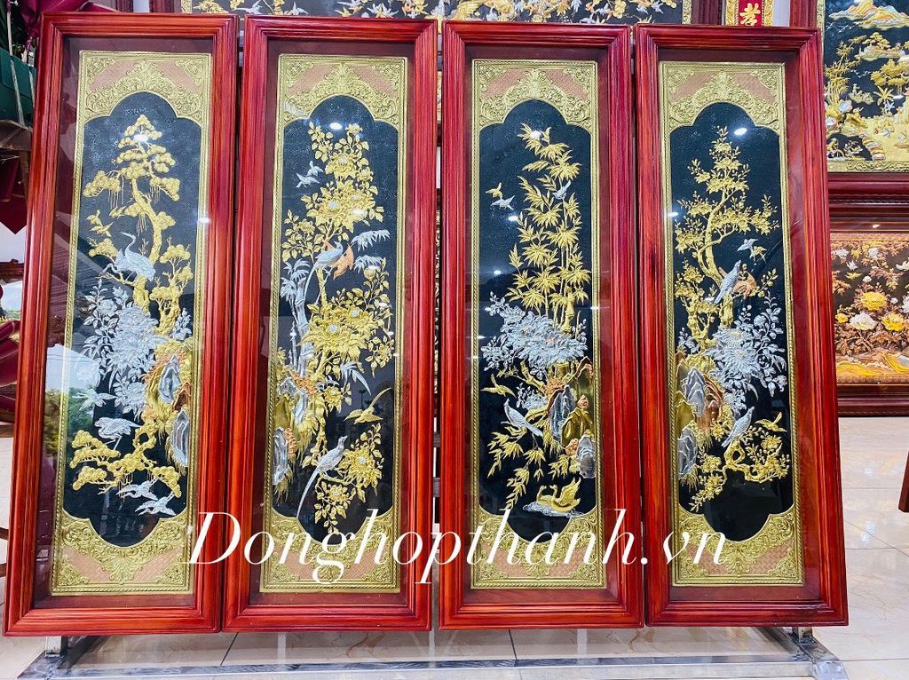 Bộ tranh tứ quý dát vàng bạc - Kích thước 88cm x 28 cm