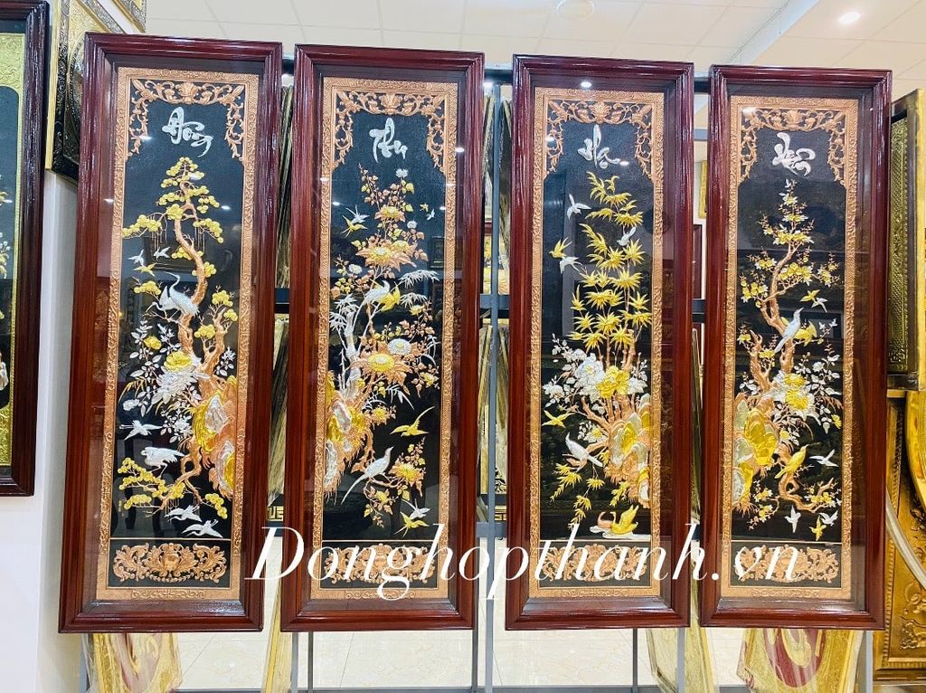 Bộ tranh đồng tứ quý, dát vàng bạc - Kích thước 155cm x 51cm